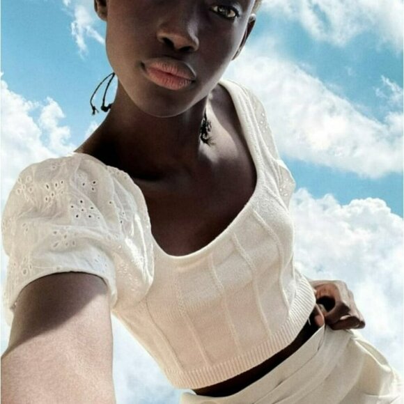 Zara EmbroideredWhite Mixed Cropped Knit Top Eyelet Puff Sleeve Size Small - Picture 1 of 10
